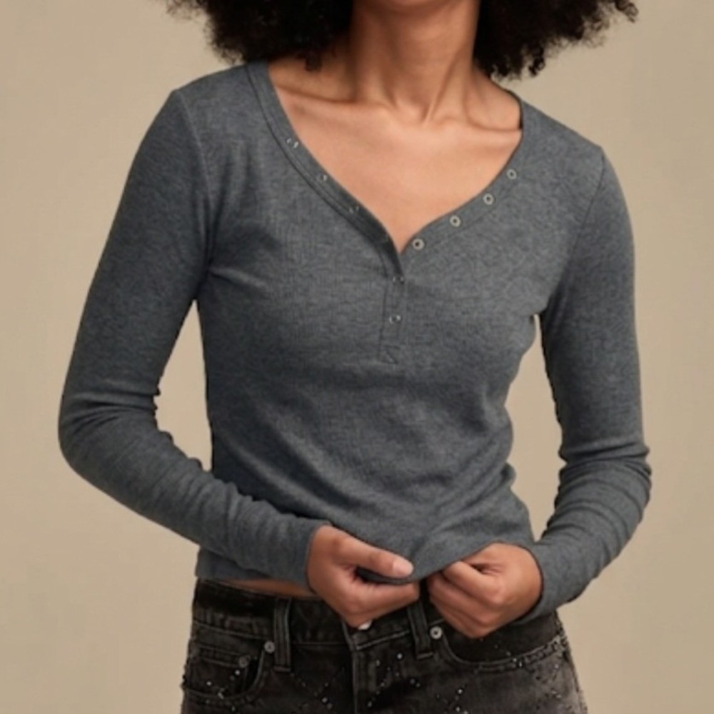 Lucky Brand Womens Snap Henley Top Charcoal Gray Long Sleeve V-Neck XXL‎